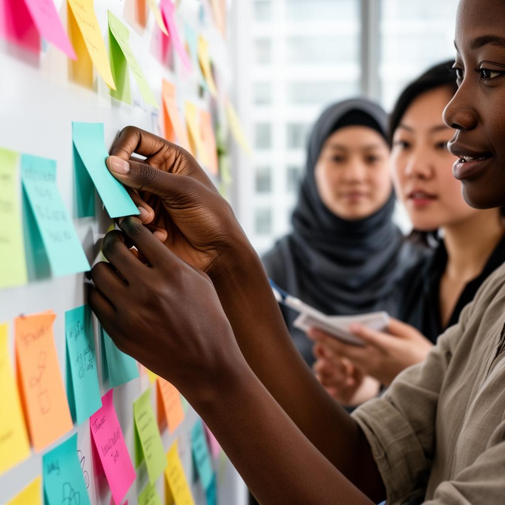 Une main posant un post-it cyan sur un mur d'idées pendant un hackathon