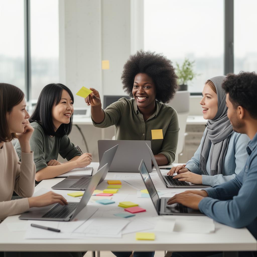Une équipe en atelier collaboratif autour de post-it et d'ordinateurs