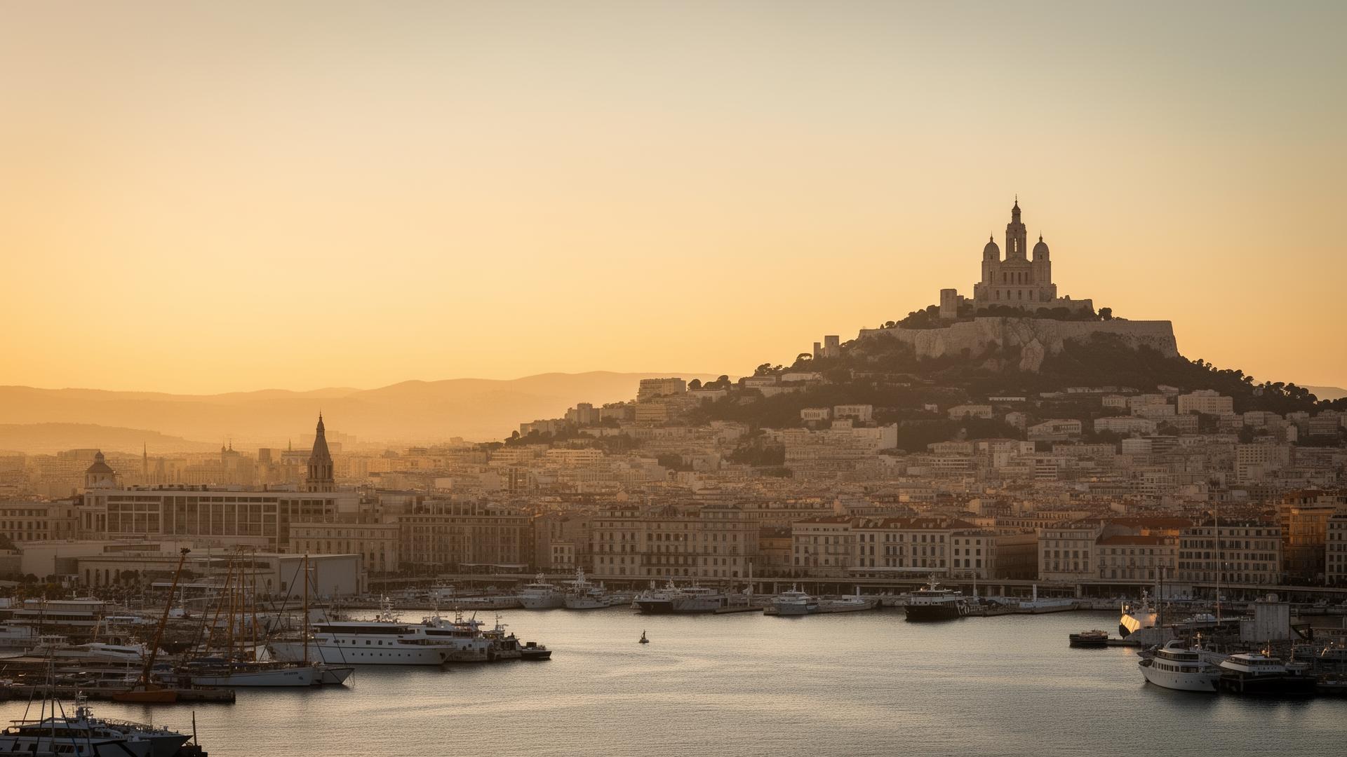 Vue du Vieux-Port de Marseille au coucher du soleil avec Notre-Dame de la Garde